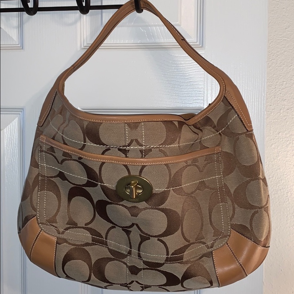 Coach Tan Signature Canvas Hobo Shoulder Bag